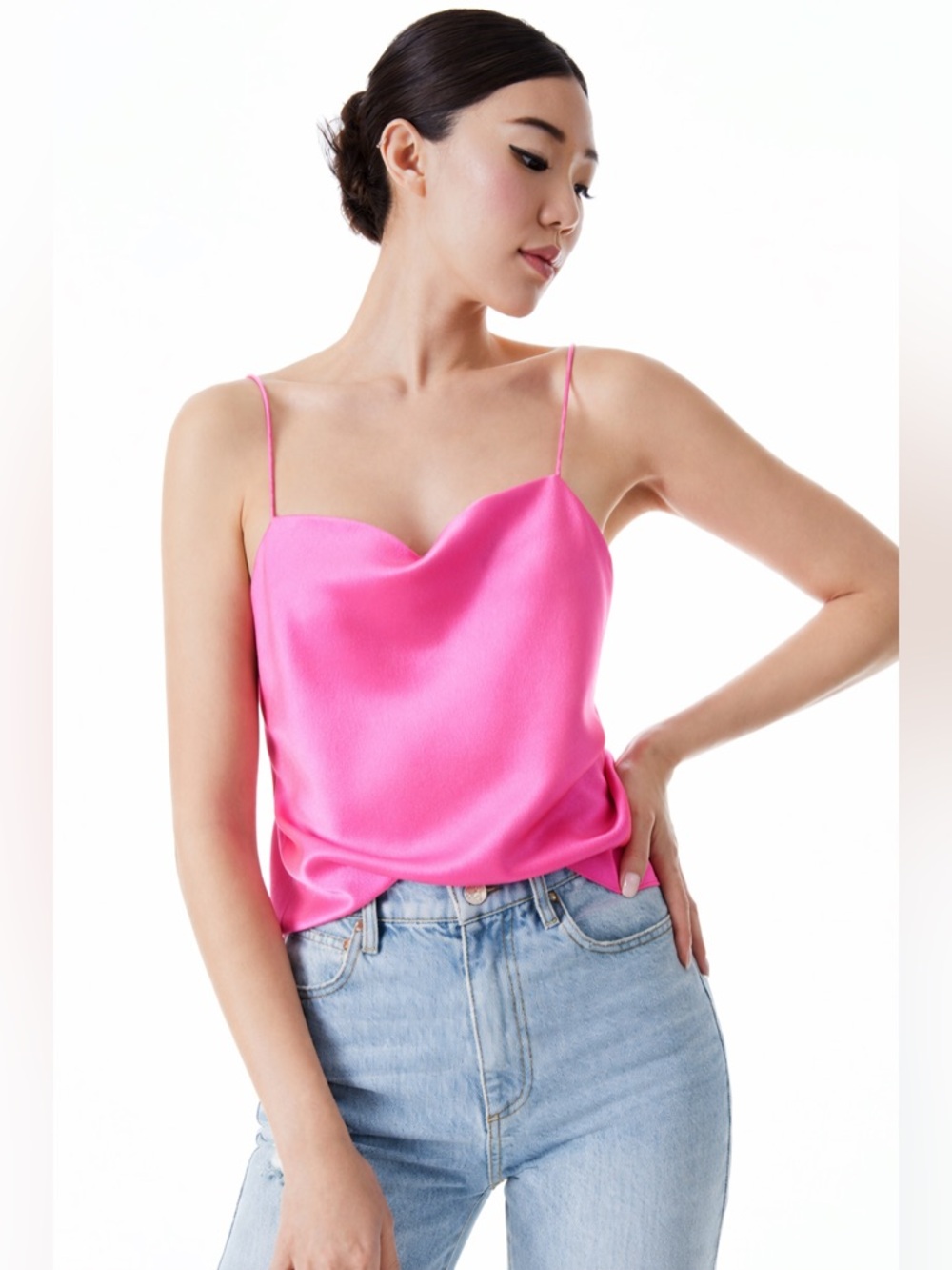 Alice +‎ Olivia Harmon Slip Tank Pink Satin | Chic Date Night Going out Top
